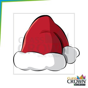May include: A red Santa hat with a white, fluffy trim. The hat is a classic Christmas design, perfect for holiday-themed crafts and decorations. The image includes the text "CLASS CROWN CLIPART".