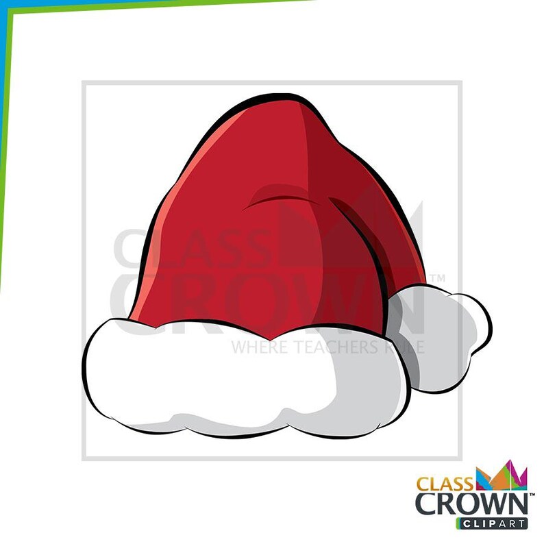 May include: A red Santa hat with a white, fluffy trim. The hat is a classic Christmas design, perfect for holiday-themed crafts and decorations. The image includes the text "CLASS CROWN CLIPART".