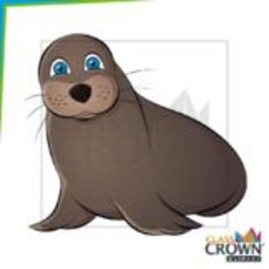 May include: Cartoon illustration of a brown sea lion with blue eyes and a smiling expression. The sea lion is sitting upright, with its flippers resting on the ground. The image has a white background and the text "CLASS CROWN" in the bottom right corner.