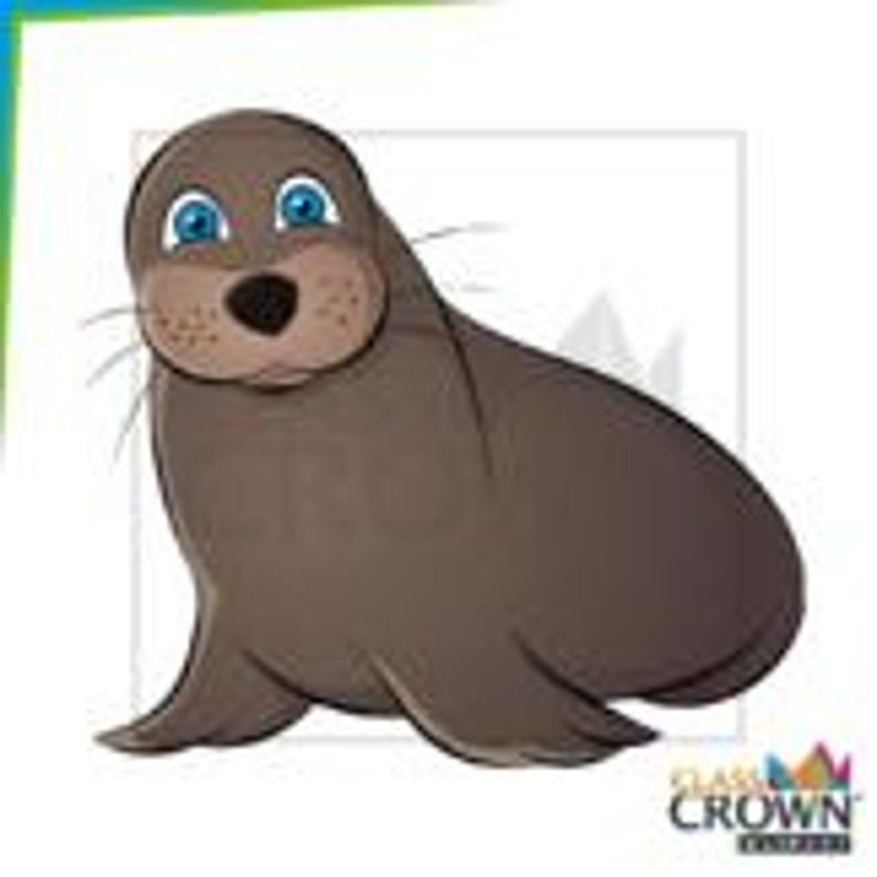 May include: Cartoon illustration of a brown sea lion with blue eyes and a smiling expression. The sea lion is sitting upright, with its flippers resting on the ground. The image has a white background and the text "CLASS CROWN" in the bottom right corner.