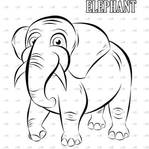 Może przedstawiać: Czarno-biały rysunek linii słonia ze słowem "ELEPHANT" nad nim. Obraz zawiera miejsca na "NAZWA:" i "DATA:" u g&oacute;ry. Słoń ma duże uszy i kły.