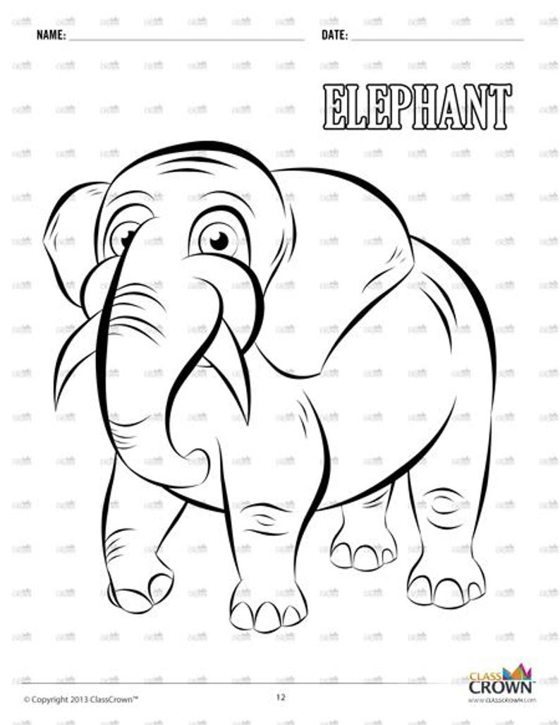 Może przedstawiać: Czarno-biały rysunek linii słonia ze słowem "ELEPHANT" nad nim. Obraz zawiera miejsca na "NAZWA:" i "DATA:" u g&oacute;ry. Słoń ma duże uszy i kły.
