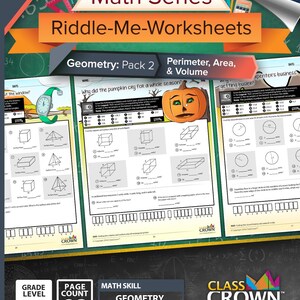 K&ouml;nnte beinhalten: Ein Mathe-Arbeitsblatt-Paket mit dem Titel "Math Series Riddle-Me-Worksheets" f&uuml;r die Klassen 5-8. Das Paket enth&auml;lt 20 Seiten mit Schwerpunkt auf Geometrie, Umfang, Fl&auml;che und Volumen. Das Cover zeigt eine K&uuml;rbis-Illustration.