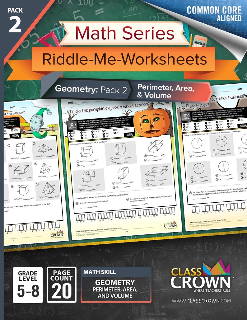 K&ouml;nnte beinhalten: Ein Mathe-Arbeitsblatt-Paket mit dem Titel "Math Series Riddle-Me-Worksheets" f&uuml;r die Klassen 5-8. Das Paket enth&auml;lt 20 Seiten mit Schwerpunkt auf Geometrie, Umfang, Fl&auml;che und Volumen. Das Cover zeigt eine K&uuml;rbis-Illustration.