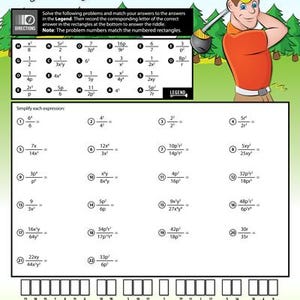 May include: A worksheet titled "Why did the golfer have two shirts?" features math problems and a cartoon golfer. The worksheet includes a legend for matching answers and a riddle. The color scheme is green, orange, and white.