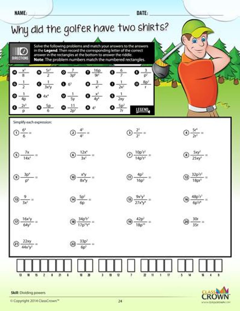 May include: A worksheet titled "Why did the golfer have two shirts?" features math problems and a cartoon golfer. The worksheet includes a legend for matching answers and a riddle. The color scheme is green, orange, and white.