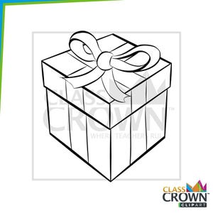 May include: Black and white line art illustration of a gift box with a bow on top. The box is square with vertical lines on the sides. The bow is large and detailed. The text "CLASS CROWN CLIPART" is at the bottom.