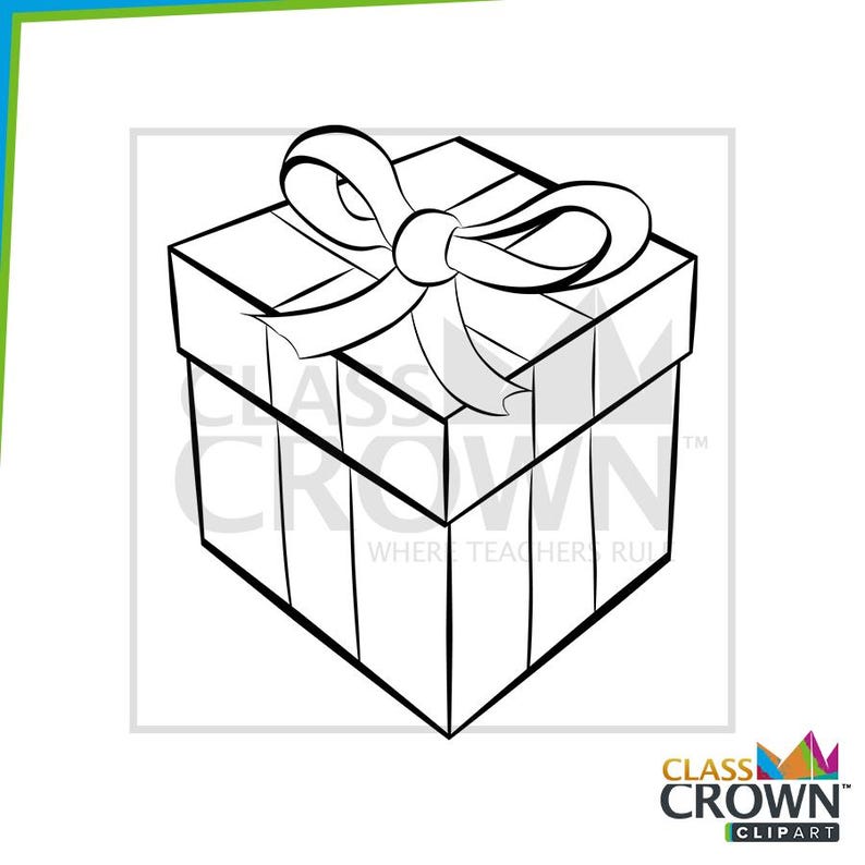 May include: Black and white line art illustration of a gift box with a bow on top. The box is square with vertical lines on the sides. The bow is large and detailed. The text "CLASS CROWN CLIPART" is at the bottom.