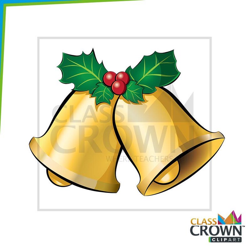 May include: Two golden Christmas bells with a holly sprig on top. The bells have a shiny finish and are slightly overlapping. The holly has green leaves and three red berries. The image includes the text "CLASS CROWN" and "CLIPART".