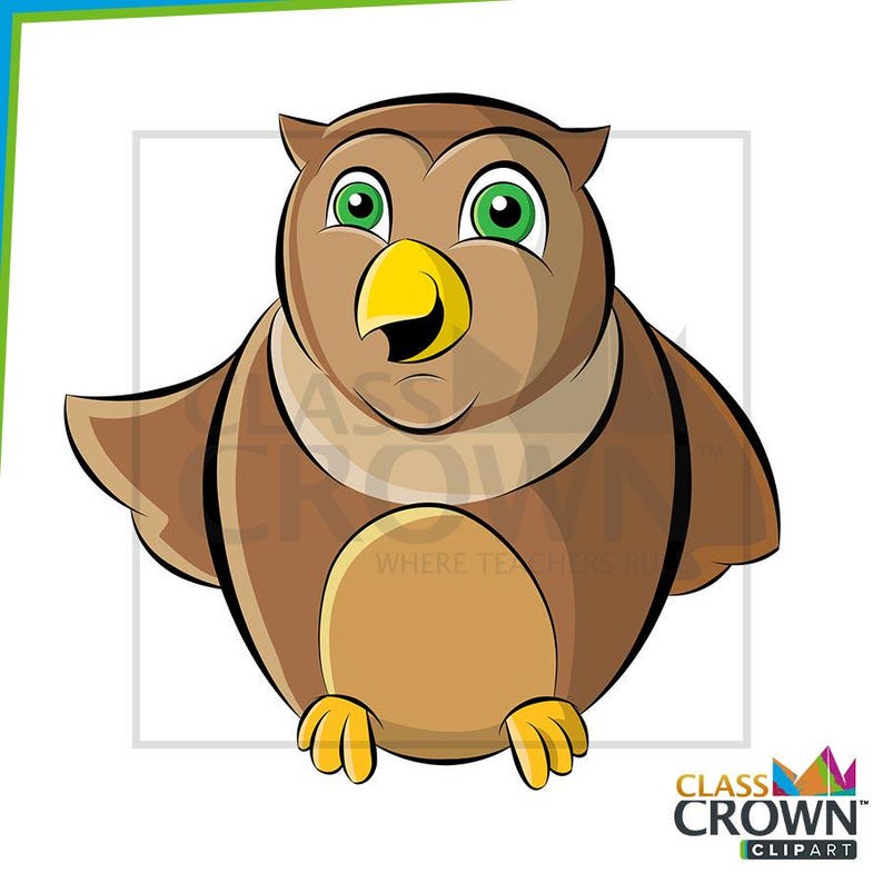 May include: A cartoon owl illustration with brown and tan feathers, green eyes, and a yellow beak. The owl has its wings slightly spread and is smiling. The image includes the text "CLASS CROWN CLIPART".