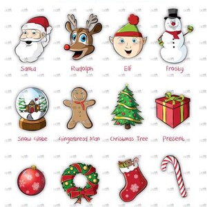 May include: A collection of Christmas clipart essentials, including Santa, Rudolph, an elf, and a snowman. Other images include a snow globe, gingerbread man, Christmas tree, present, ornament, wreath, stocking, and candy cane.