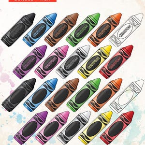 May include: A collection of colorful crayon clipart in various colors, including black, blue, brown, green, orange, purple, pink, silver, yellow, and red. Each crayon has the word "CRAYON" printed on it. The image also includes the text "Crayons Clipart - BUNDLE PACK - Index".