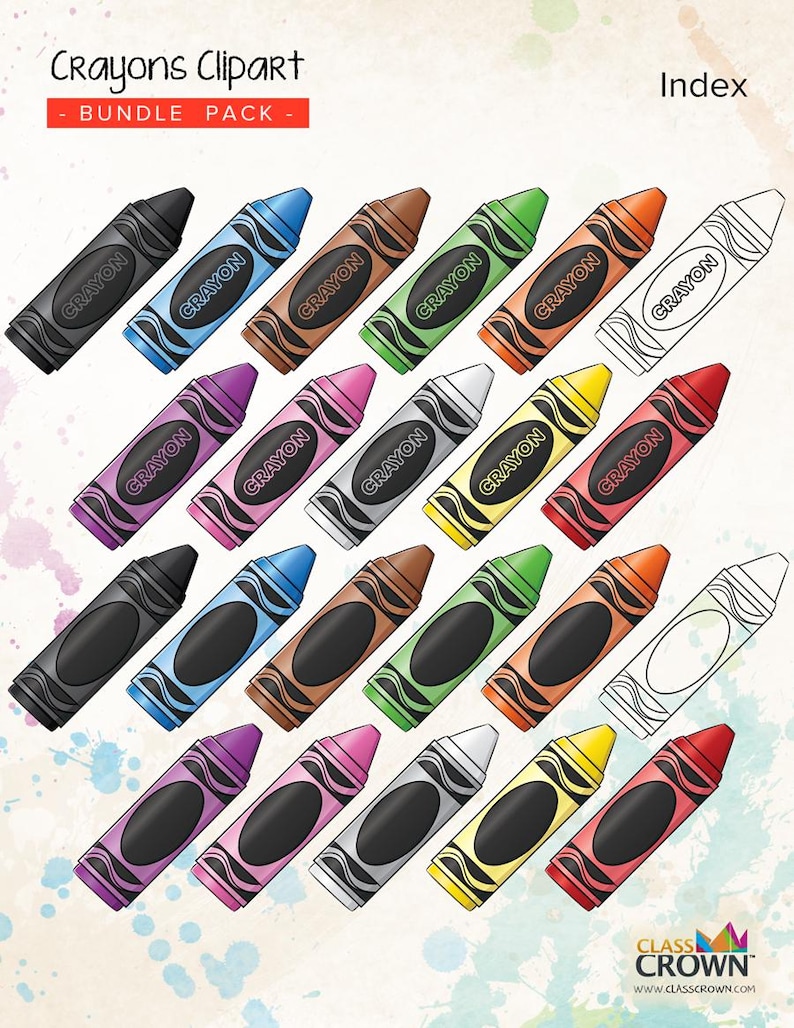 May include: A collection of colorful crayon clipart in various colors, including black, blue, brown, green, orange, purple, pink, silver, yellow, and red. Each crayon has the word "CRAYON" printed on it. The image also includes the text "Crayons Clipart - BUNDLE PACK - Index".