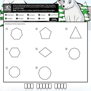 May include: A worksheet with the title "Where do polar bears vote?" features a cartoon polar bear and geometric shape identification questions. The worksheet includes a legend with shape names and a section for answers.