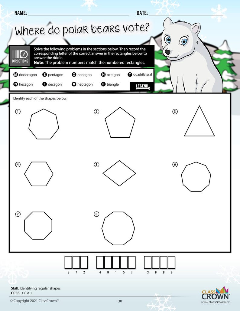 May include: A worksheet with the title "Where do polar bears vote?" features a cartoon polar bear and geometric shape identification questions. The worksheet includes a legend with shape names and a section for answers.