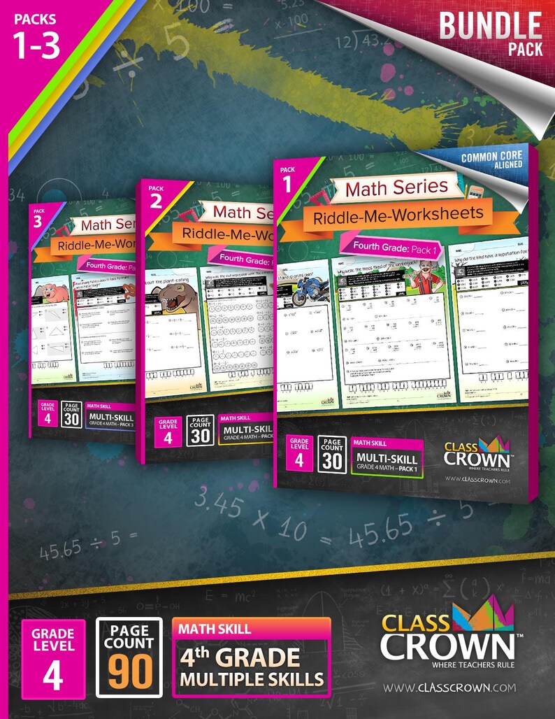 May include: A bundle of three fourth-grade math workbooks titled "Math Series Riddle-Me-Worksheets." Each pack is labeled with a number and features colorful covers with illustrations. The bundle includes 90 pages of multiple skills practice.
