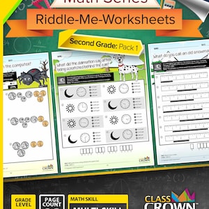 May include: A colorful educational worksheet pack for second grade math, featuring the title "Math Series Riddle-Me-Worksheets." The pack includes pages with math problems, riddles, and clock-reading exercises. The cover displays the text "Pack 1" and "Multi-Skill Grade 2 Math - Pack 1".