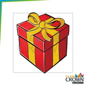 May include: A red gift box with a yellow bow on top. The box has yellow vertical stripes. The image is a cartoon illustration of a present, perfect for birthdays or holidays.