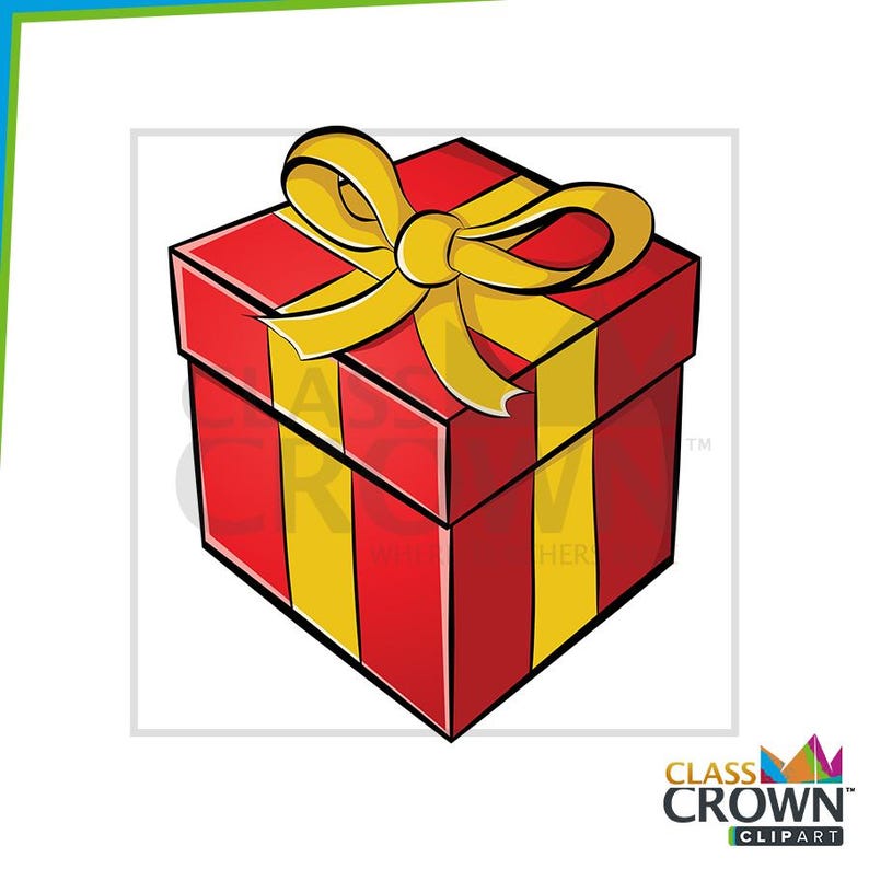 May include: A red gift box with a yellow bow on top. The box has yellow vertical stripes. The image is a cartoon illustration of a present, perfect for birthdays or holidays.