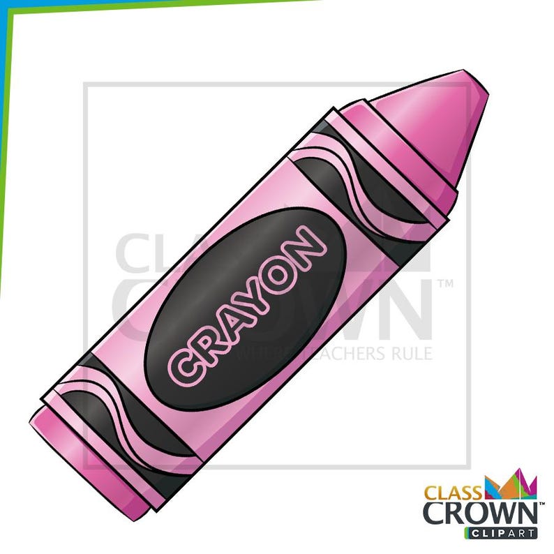 May include: A pink crayon with a black oval label that reads "CRAYON" in white letters. The crayon has a pointed tip and a pink body with black accents. The image is a digital illustration.