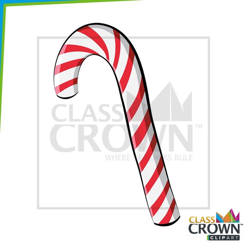 May include: A red and white striped candy cane with a curved top. The candy cane is a classic holiday treat, and the image includes the text "CLASS CROWN" and "WHERE TEACHERS RULE".