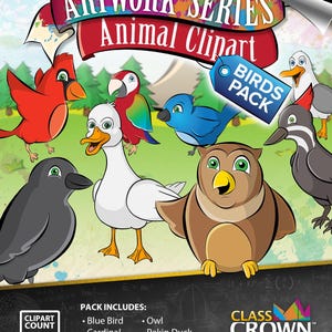 May include: A colorful illustration featuring various cartoon birds, including a cardinal, parrot, and owl. The image is labeled "Artwork Series Animal Clipart" and includes a "Birds Pack" tag. The pack includes 8 clipart images, with black and white line art included.