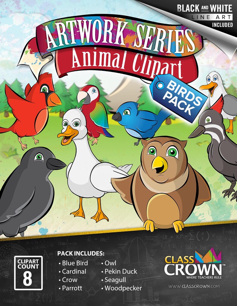 May include: A colorful illustration featuring various cartoon birds, including a cardinal, parrot, and owl. The image is labeled "Artwork Series Animal Clipart" and includes a "Birds Pack" tag. The pack includes 8 clipart images, with black and white line art included.