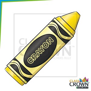 May include: A yellow crayon with a black oval in the center that reads "CRAYON" in white letters. The crayon has black wavy lines on the sides and a yellow tip. The image is a cartoon illustration.