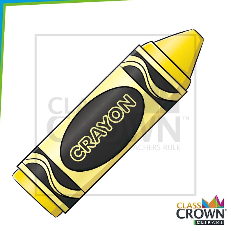 May include: A yellow crayon with a black oval in the center that reads "CRAYON" in white letters. The crayon has black wavy lines on the sides and a yellow tip. The image is a cartoon illustration.
