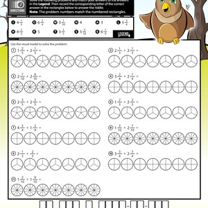 May include: A worksheet with the title "Why was the owl unpopular with the other birds?" features math problems using visual models. The worksheet includes an owl illustration and a legend to solve the riddle. The skill is adding mixed numbers.