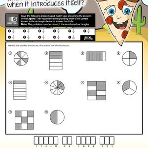 May include: A worksheet with the title "What does a pizza say when it introduces itself?" features fraction problems and a pizza slice cartoon. The worksheet includes a legend with fractions and corresponding letters to solve a riddle. The bottom of the page has the ClassCrown logo.
