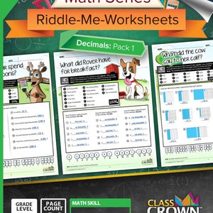May include: A pack of 21 math worksheets for grades 4-7, focusing on decimals. The cover features the text "Math Series Riddle-Me-Worksheets" and "Decimals: Pack 1". Includes illustrations of a deer and a dog.