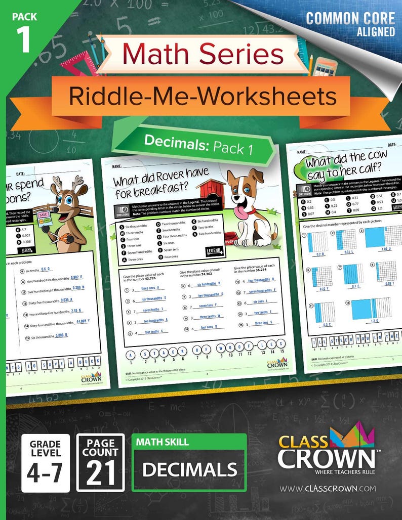 May include: A pack of 21 math worksheets for grades 4-7, focusing on decimals. The cover features the text "Math Series Riddle-Me-Worksheets" and "Decimals: Pack 1". Includes illustrations of a deer and a dog.