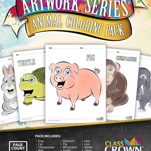 Może przedstawiać: Zestaw kolorowanek ze zwierzętami, 20 stron. Okładka zawiera baner z napisem "Artwork Series Animal Coloring Pack". Poszczeg&oacute;lne strony przedstawiają świnię, ż&oacute;łwia, szympansa i inne zwierzęta. Zestaw zawiera r&oacute;żnorodne zwierzęta do kolorowania.