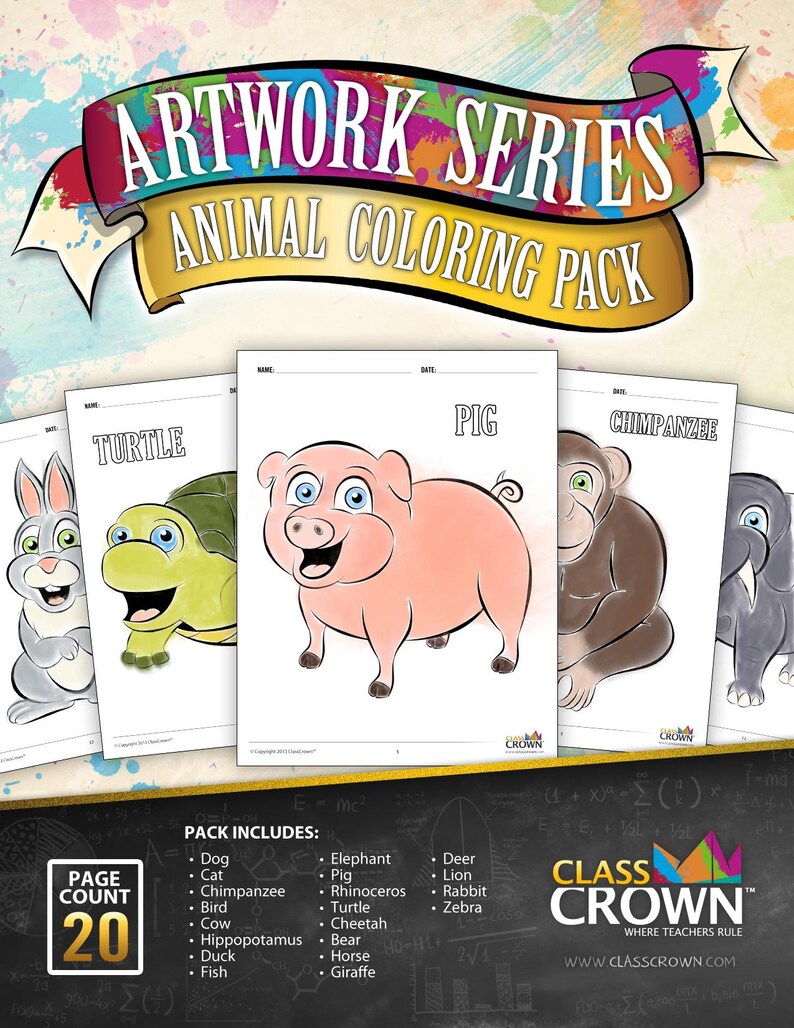 Może przedstawiać: Zestaw kolorowanek ze zwierzętami, 20 stron. Okładka zawiera baner z napisem "Artwork Series Animal Coloring Pack". Poszczeg&oacute;lne strony przedstawiają świnię, ż&oacute;łwia, szympansa i inne zwierzęta. Zestaw zawiera r&oacute;żnorodne zwierzęta do kolorowania.