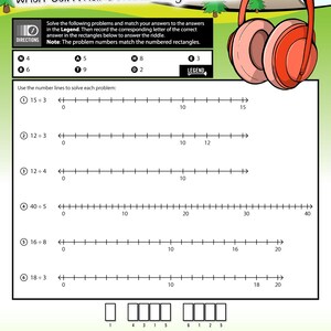 May include: A worksheet with the title "What can make music on your head?" features math problems using number lines. A pair of red headphones is in the upper right corner. The worksheet includes a legend and a riddle.