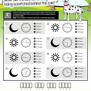 May include: Educational worksheet with the text "What did the dalmation say after being scratched behind the ear?" featuring analog clocks and a Dalmatian dog. The worksheet is designed to teach telling time.