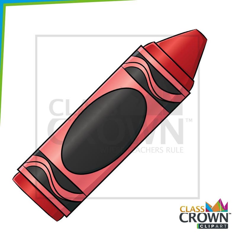 May include: A red crayon with a black oval and wavy lines on a light red body. The crayon has a pointed tip and is a classic art supply. The image includes the text "CLASS CROWN CLIPART".