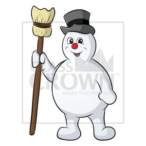 May include: A cartoon snowman wearing a black top hat and holding a broom. The snowman has a red nose and a smiling expression. The image includes the text "CLASS CROWN WHERE TEACHER RULE".