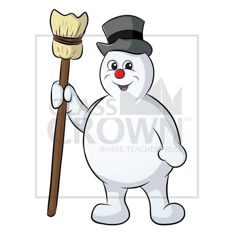 May include: A cartoon snowman wearing a black top hat and holding a broom. The snowman has a red nose and a smiling expression. The image includes the text "CLASS CROWN WHERE TEACHER RULE".