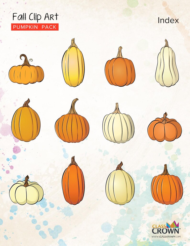 May include: A collection of twelve illustrated pumpkins in various shapes and colors, including orange, yellow, and white. The image is titled "Fall Clip Art Pumpkin Pack" and includes the Class Crown logo.