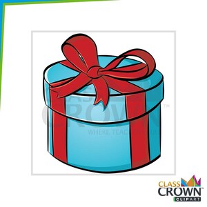 May include: A cartoon illustration of a round gift box. The box is light blue with a red ribbon and bow on top. Red ribbons wrap around the sides of the box. The image is on a white background.