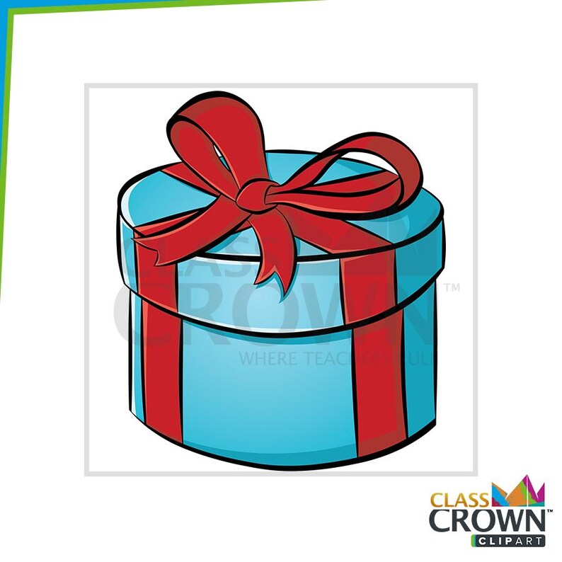 May include: A cartoon illustration of a round gift box. The box is light blue with a red ribbon and bow on top. Red ribbons wrap around the sides of the box. The image is on a white background.
