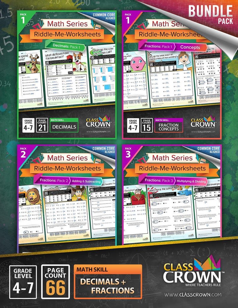 May include: A bundle pack of Math Series Riddle-Me-Worksheets for grades 4-7, covering decimals and fractions. The worksheets feature colorful designs and include packs on decimals, fractions, and concepts. The bundle includes 66 pages of educational content.