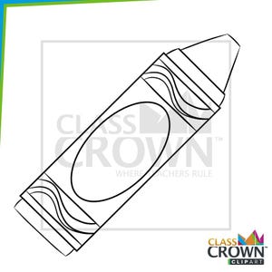 May include: A black and white line drawing of a crayon. The crayon has a conical tip and a cylindrical body with an oval shape in the middle. The text "CLASS CROWN" and "WHERE TEACHERS RULE" is visible.