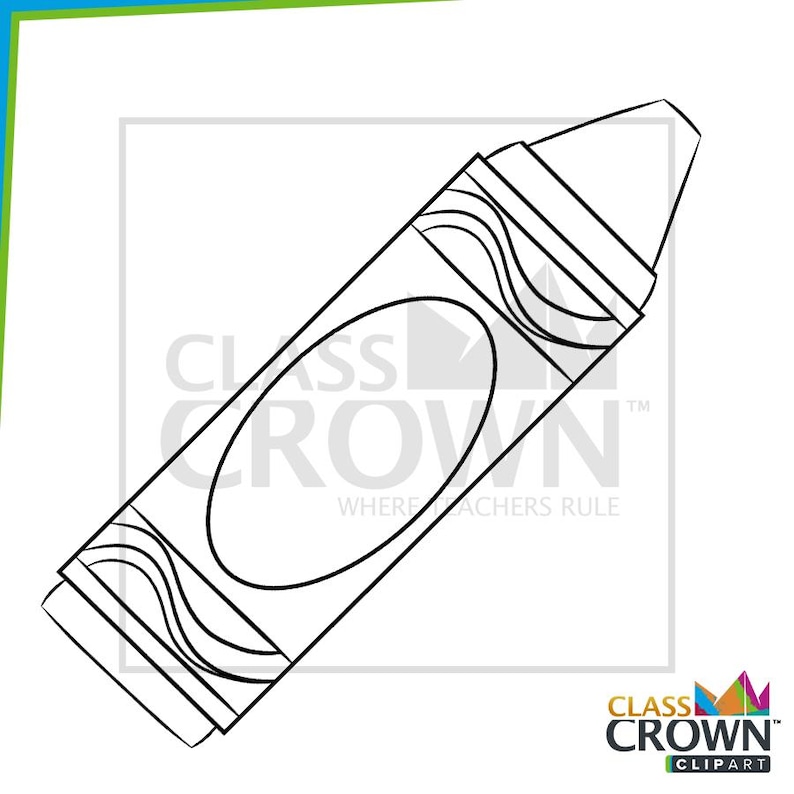 May include: A black and white line drawing of a crayon. The crayon has a conical tip and a cylindrical body with an oval shape in the middle. The text "CLASS CROWN" and "WHERE TEACHERS RULE" is visible.