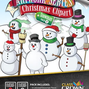 May include: A colorful Christmas clipart pack featuring six snowmen with various accessories like hats, scarves, and brooms. The image includes the text "Artwork Series Christmas Clipart Snowman Pack 1" and "Black and White Line Art Included".