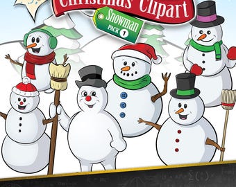Snowman Clipart Bundle Pack - Christmas Clipart (6 Color Pieces, 6 BW/Line Art Pieces)