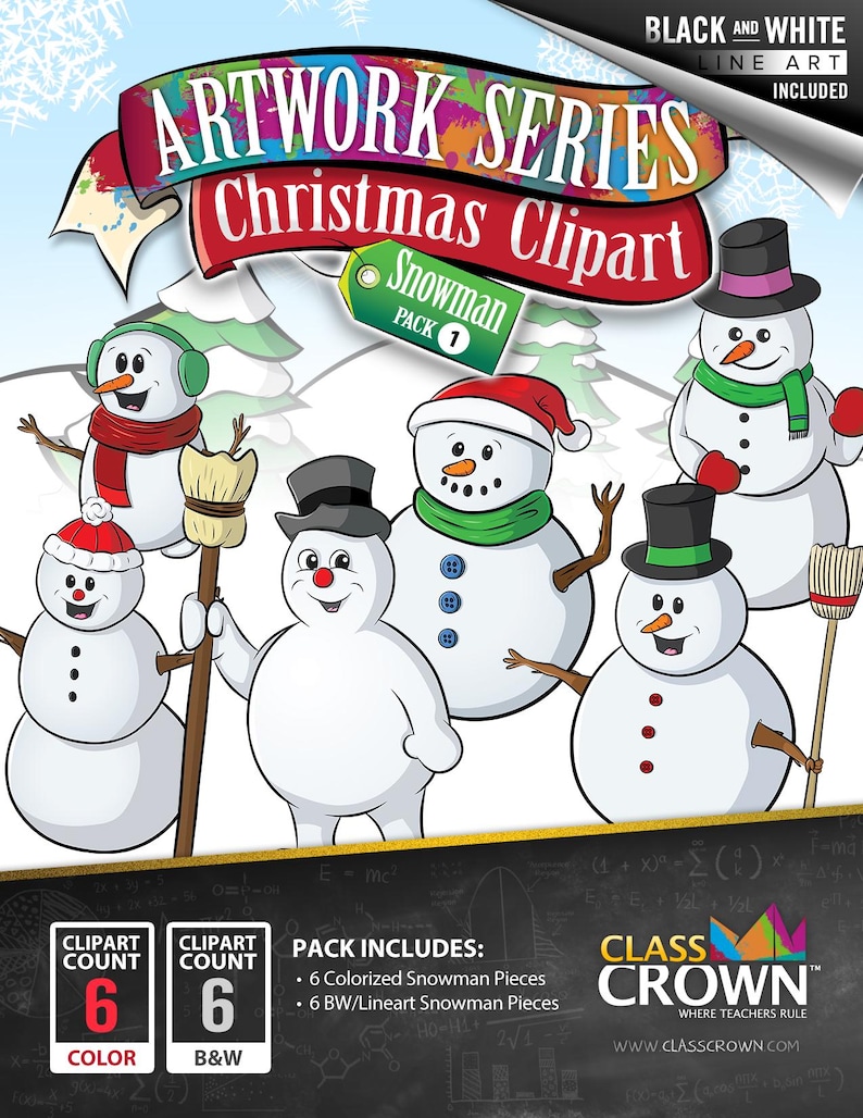 May include: A colorful Christmas clipart pack featuring six snowmen with various accessories like hats, scarves, and brooms. The image includes the text "Artwork Series Christmas Clipart Snowman Pack 1" and "Black and White Line Art Included".
