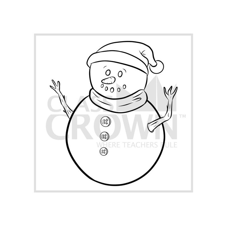 May include: Black and white illustration of a snowman wearing a hat, scarf, and three button details. The snowman has twig arms and a carrot nose. The text "CLASS CROWN WHERE TEACHERS RULE" is partially visible.